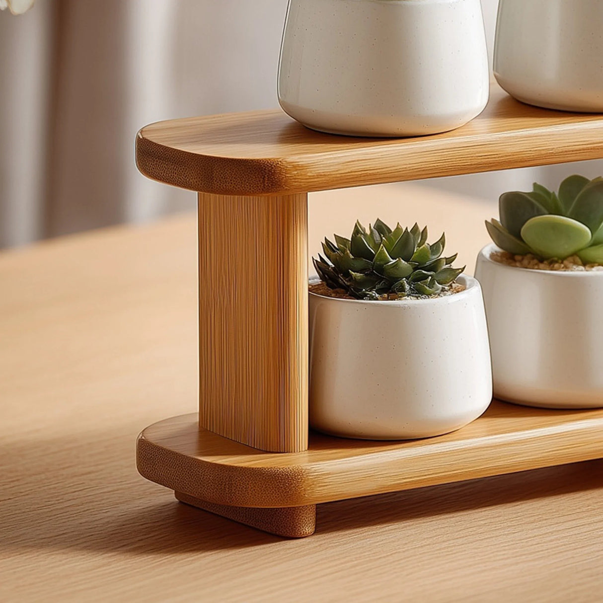 Two tier wooden display stand for small decor angled view highlighting wood structure