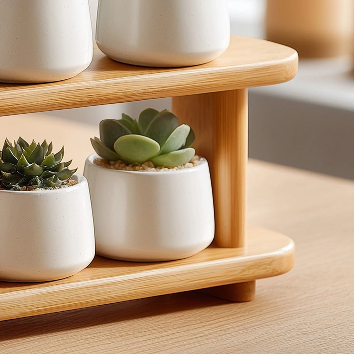Two tier wooden display stand for small decor close up showing layered shelves