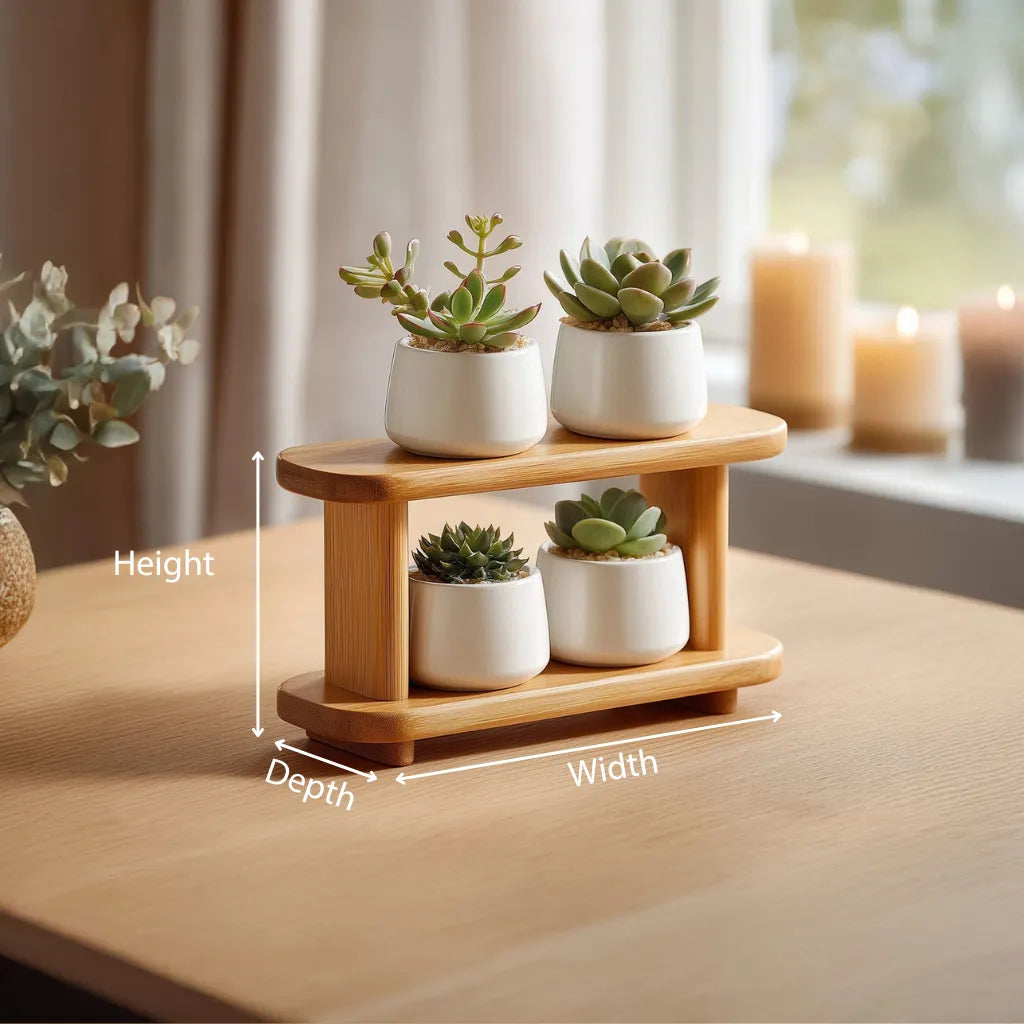 Two tier wooden display stand for small decor dimensions showing height width and depth