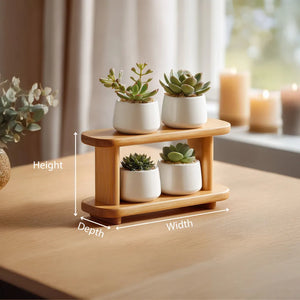 Two tier wooden display stand for small decor dimensions showing height width and depth