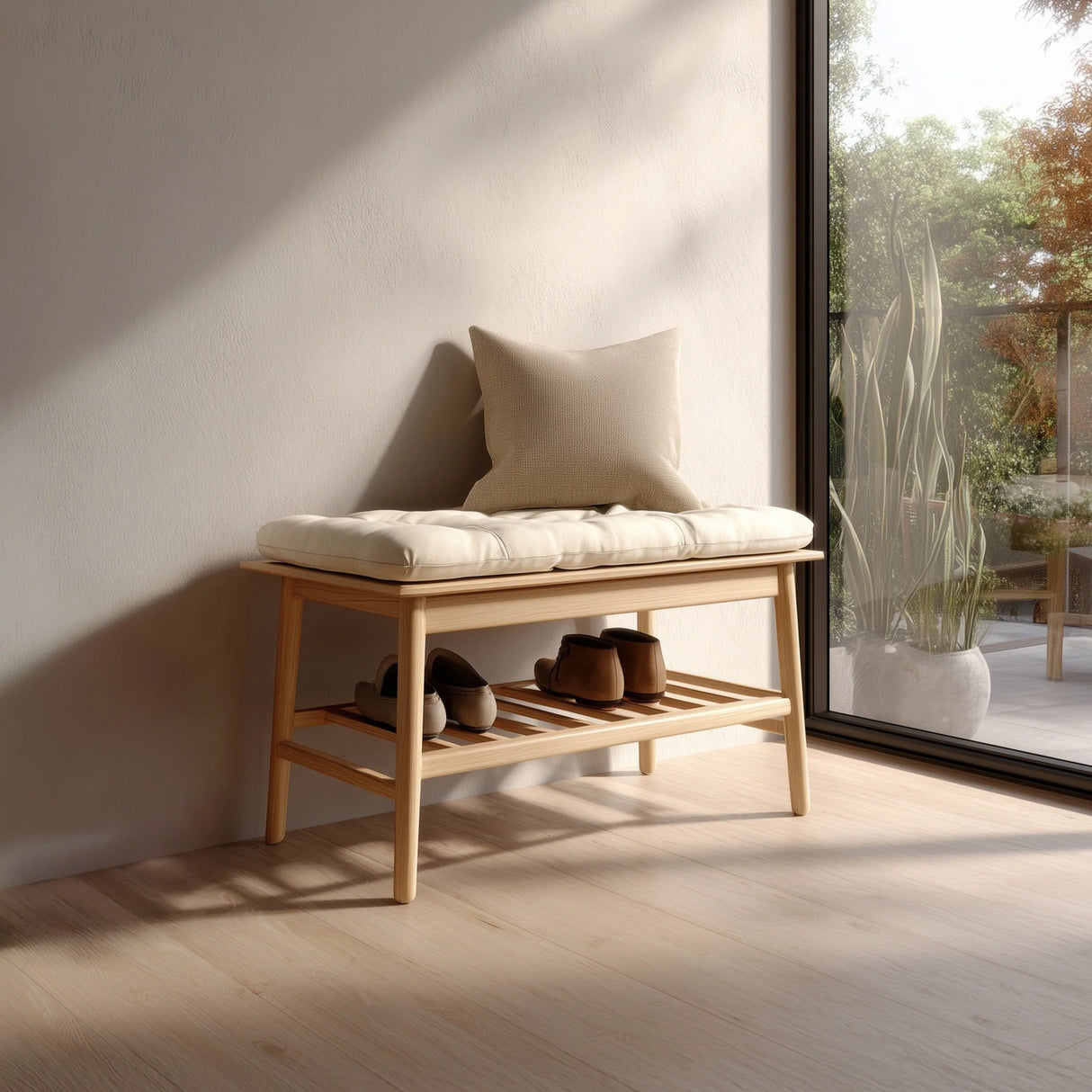 Wooden entry bench placed near doorway with soft cushion and natural light