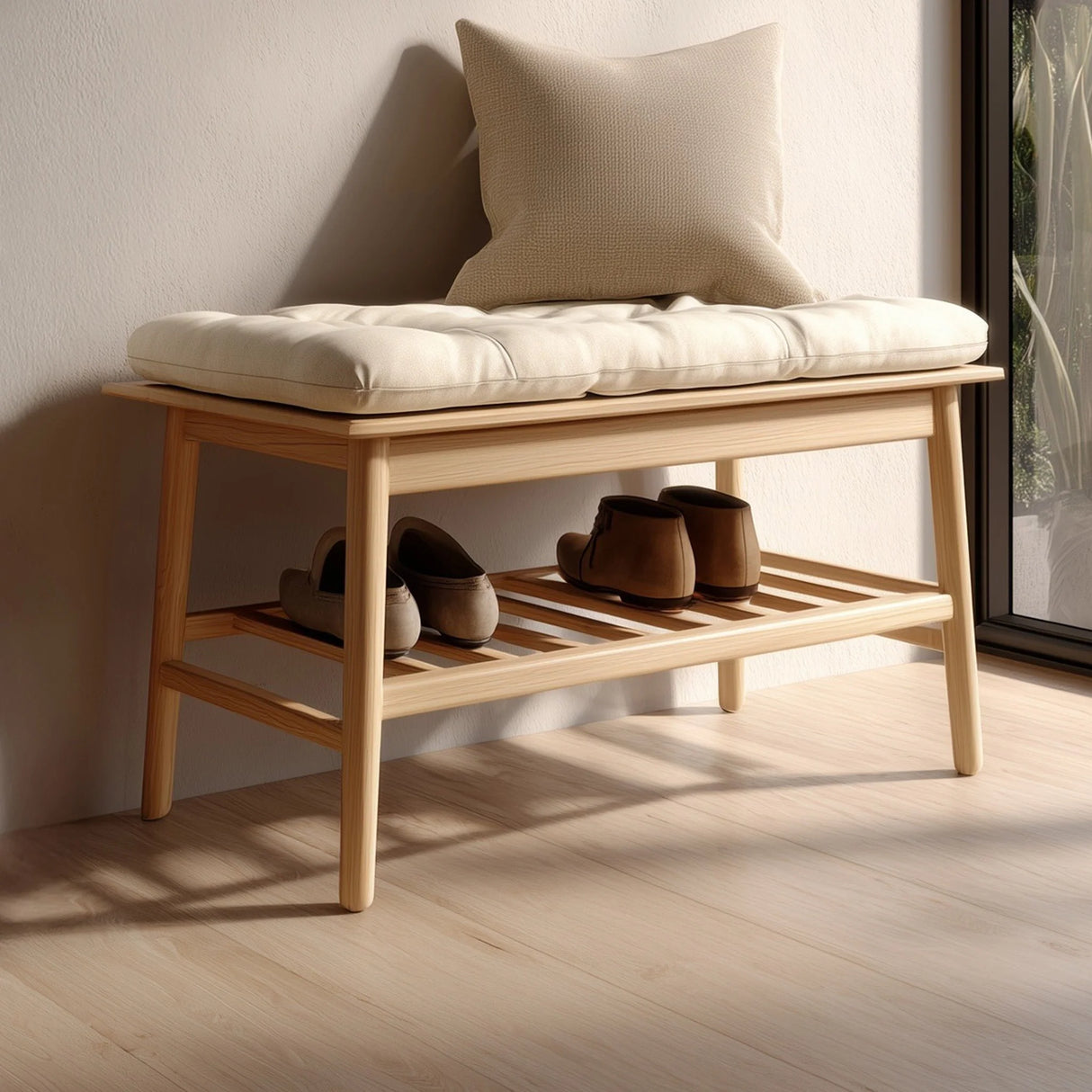 Compact wooden entry bench with cushioned seat and lower shoe shelf