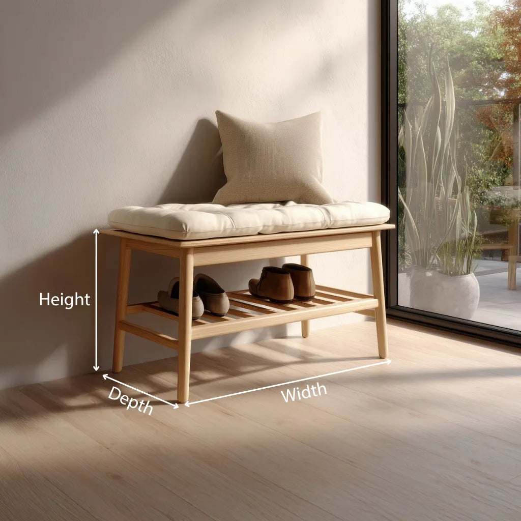Compact wooden entry bench dimensions showing height width and depth measurements