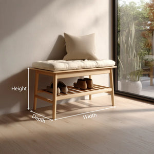 Compact wooden entry bench dimensions showing height width and depth measurements