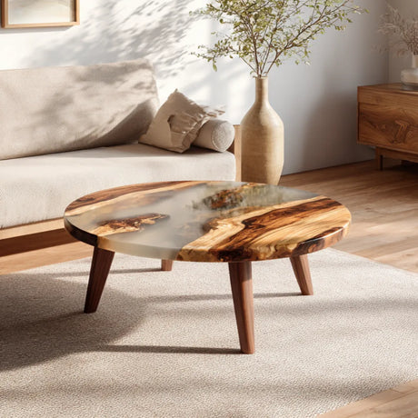 Contemporary wooden resin coffee table with natural wood grain and round top