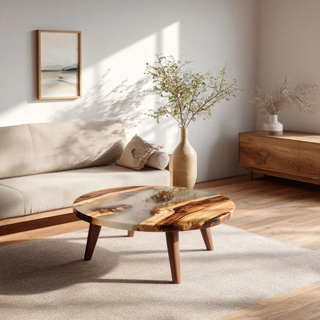 Contemporary wooden resin coffee table with sculpted wood pattern