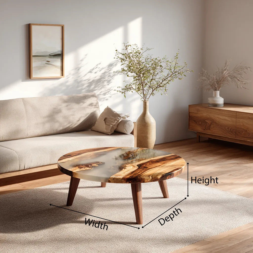 Contemporary wooden resin coffee table with round surface and resin center