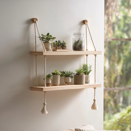 Double tier hanging wooden wall shelf with rope displaying plants on wall