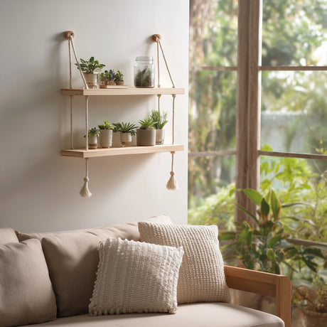 Double tier hanging wooden wall shelf with rope placed above sofa