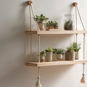 Double tier hanging wooden wall shelf with rope angled view highlighting rope detail