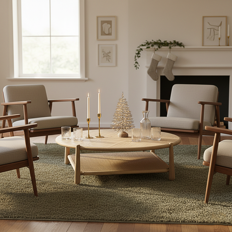 Farmhouse round wooden coffee table with lower shelf front view in living room