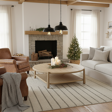 Farmhouse round wooden coffee table with lower shelf wide angle view with sofa and fireplace