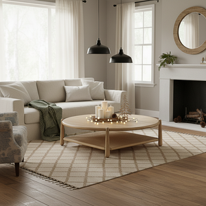 Farmhouse round wooden coffee table with lower shelf top angle view in bright space