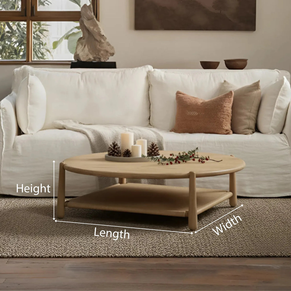 Farmhouse round wooden coffee table with lower shelf dimensions showing length width and height