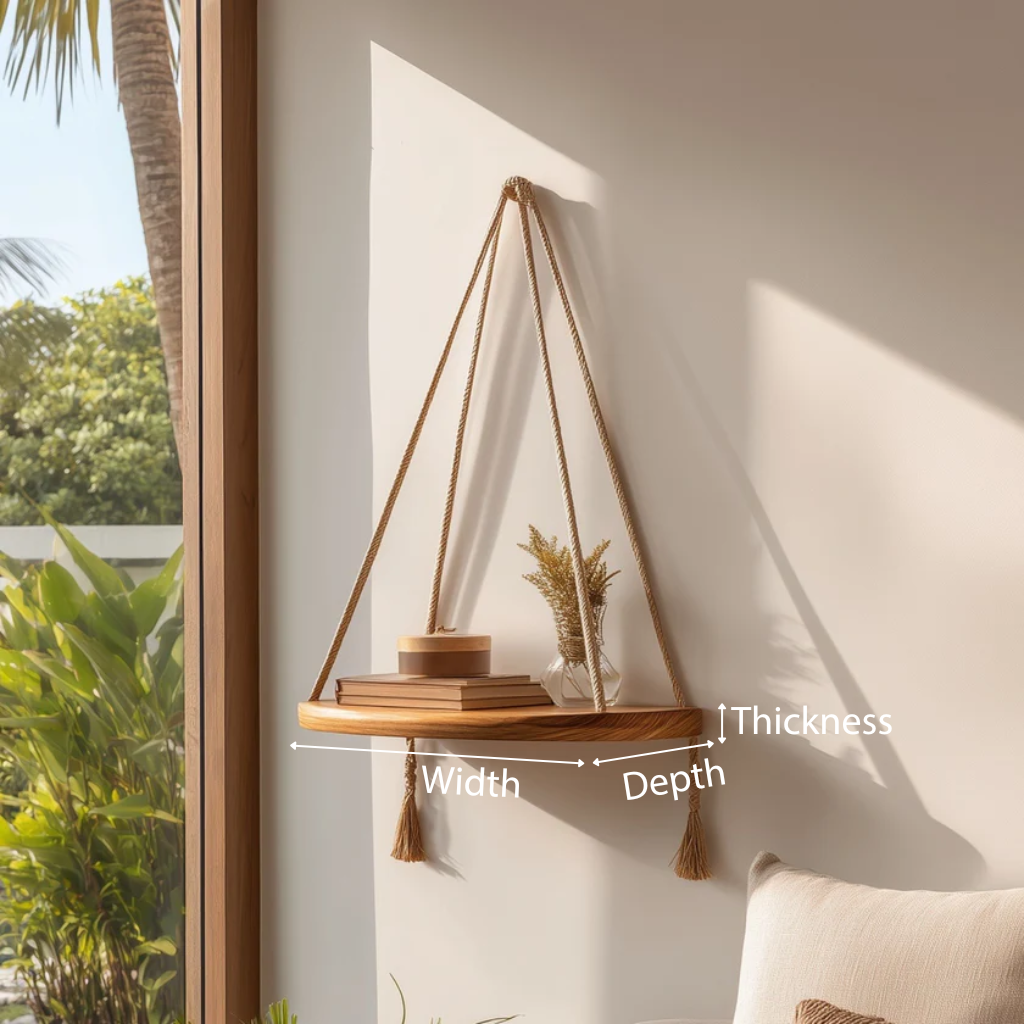 Floating wooden hanging shelf with braided rope dimensions showing width depth and thickness