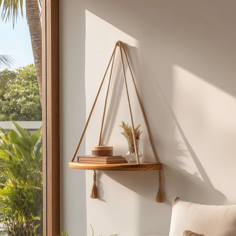 Floating wooden hanging shelf with braided rope displaying decor near window