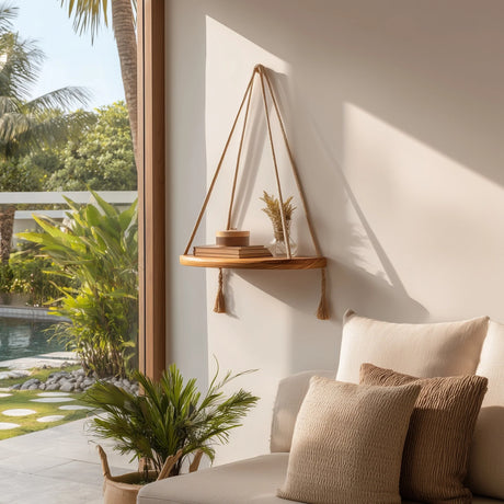 Floating wooden hanging shelf with braided rope placed above sofa in living space