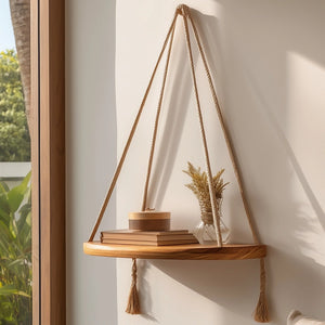 Floating wooden hanging shelf with braided rope angled view highlighting rope detail