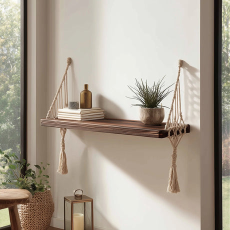 Floating wooden wall shelf with macrame rope displaying decor near window
