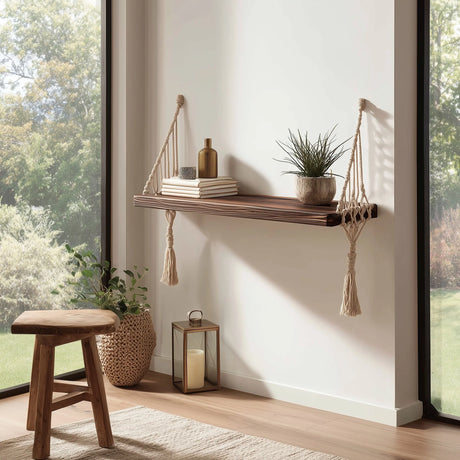 Floating wooden wall shelf with macrame rope placed in corner with stool and decor