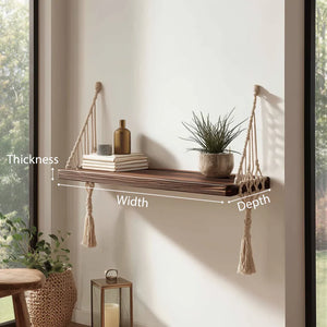 Floating wooden wall shelf with macrame rope dimensions showing width depth and thickness