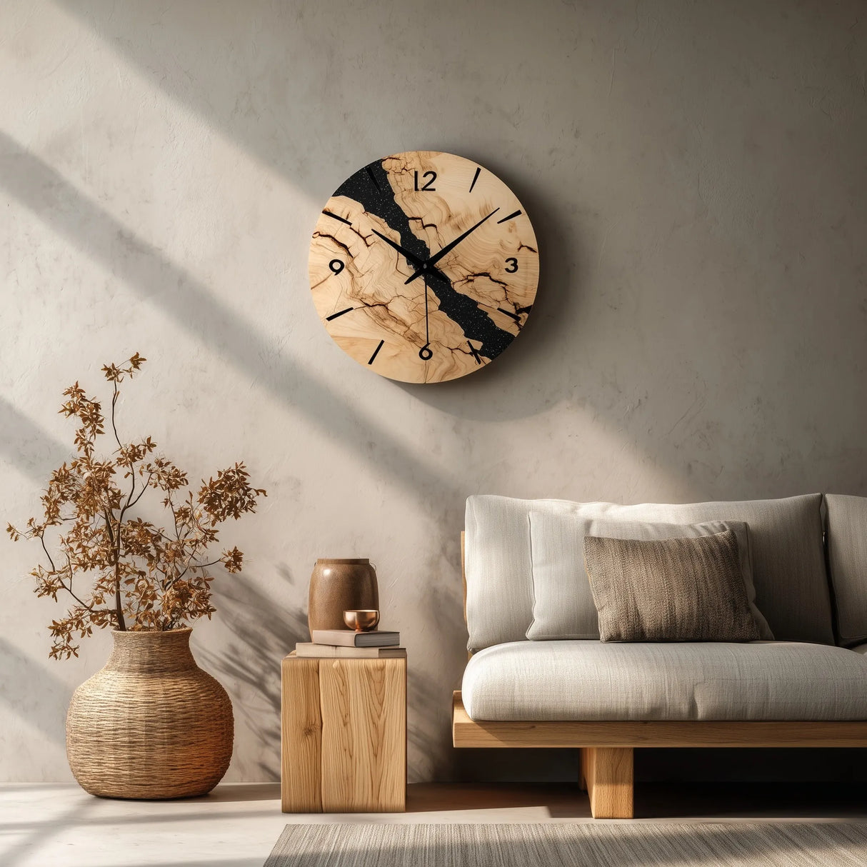 Marbled pattern circular wooden wall clock styled in living room with decor