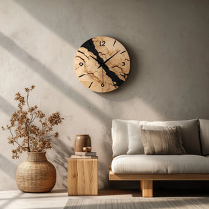 Marbled pattern circular wooden wall clock styled in living room with decor