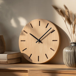 Minimal round wooden table clock with line markers on wooden surface