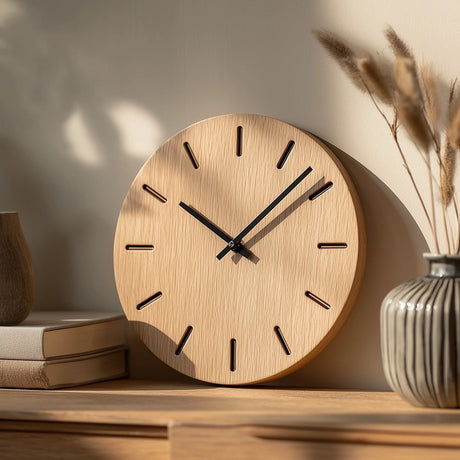 Minimal round wooden table clock with line markers on wooden surface