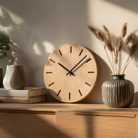 Minimal round wooden table clock with line markers