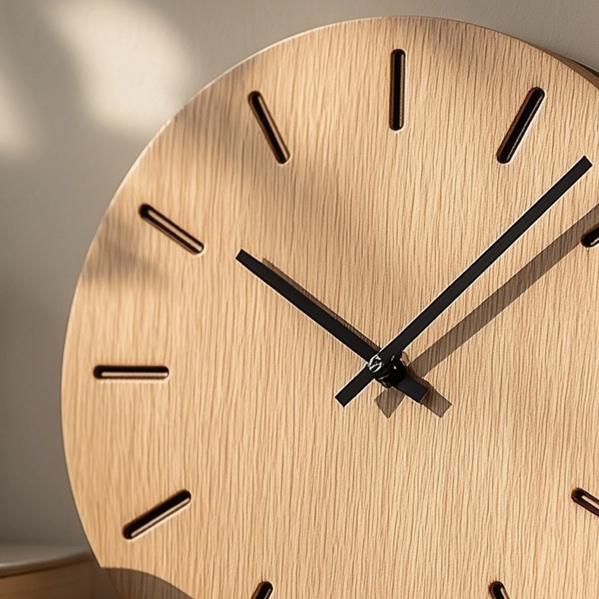Minimal round wooden table clock with line markers angled view highlighting wood texture