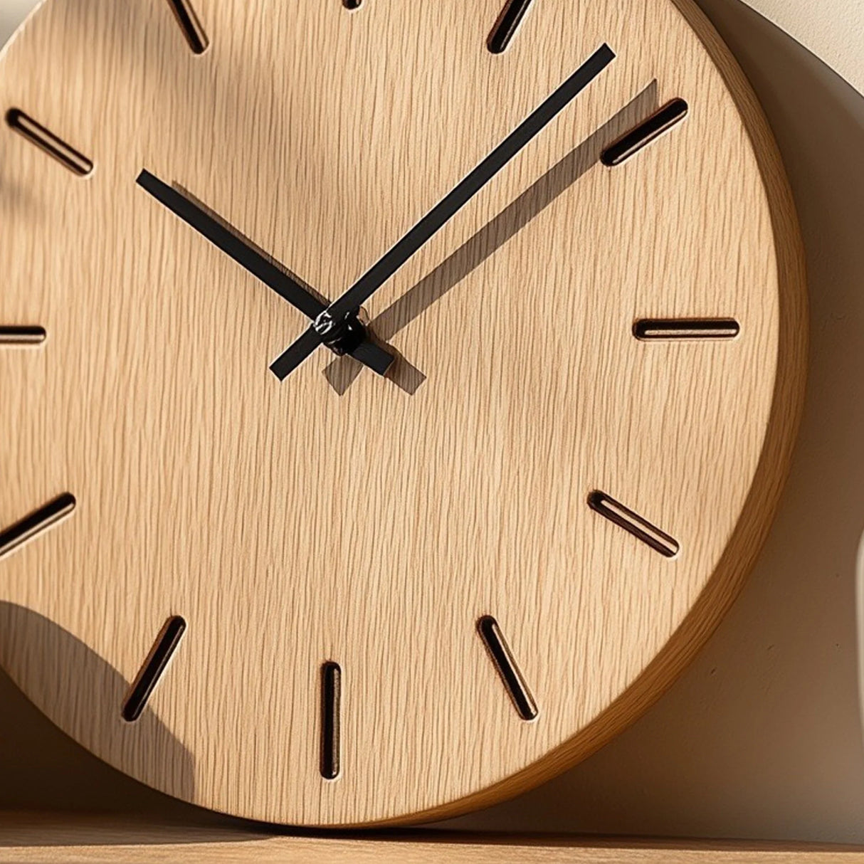 Minimal round wooden table clock with line markers close up showing dial and hands