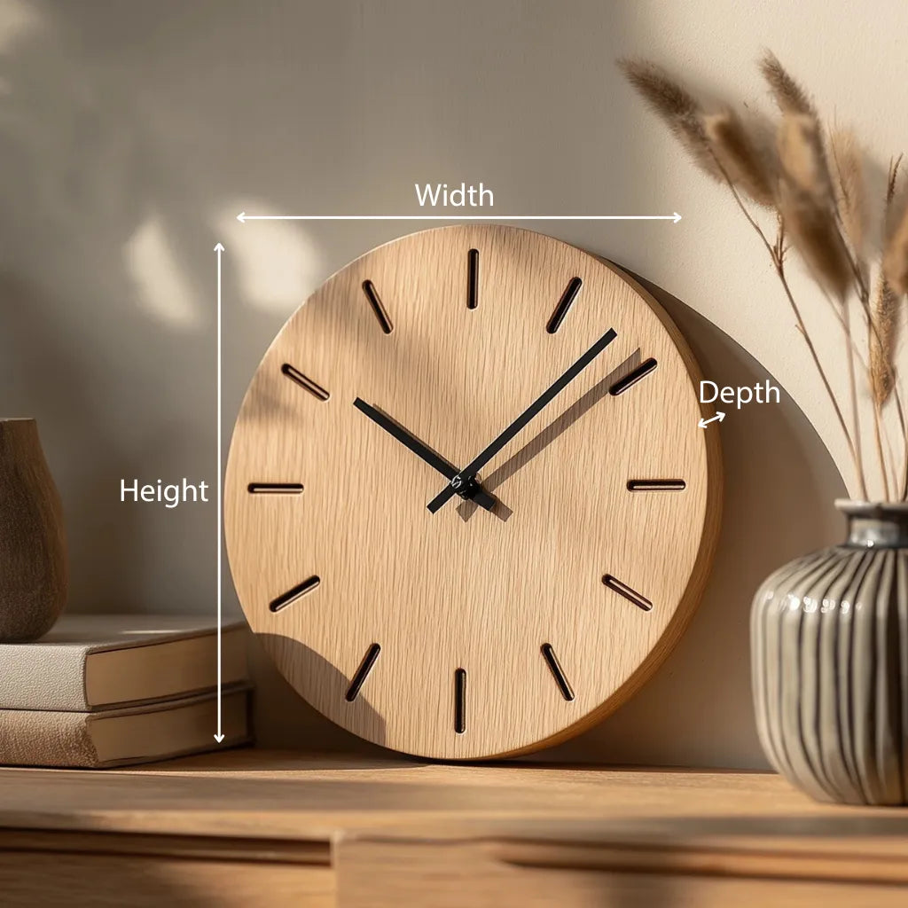 Minimal round wooden table clock with line markers dimensions showing height width and depth