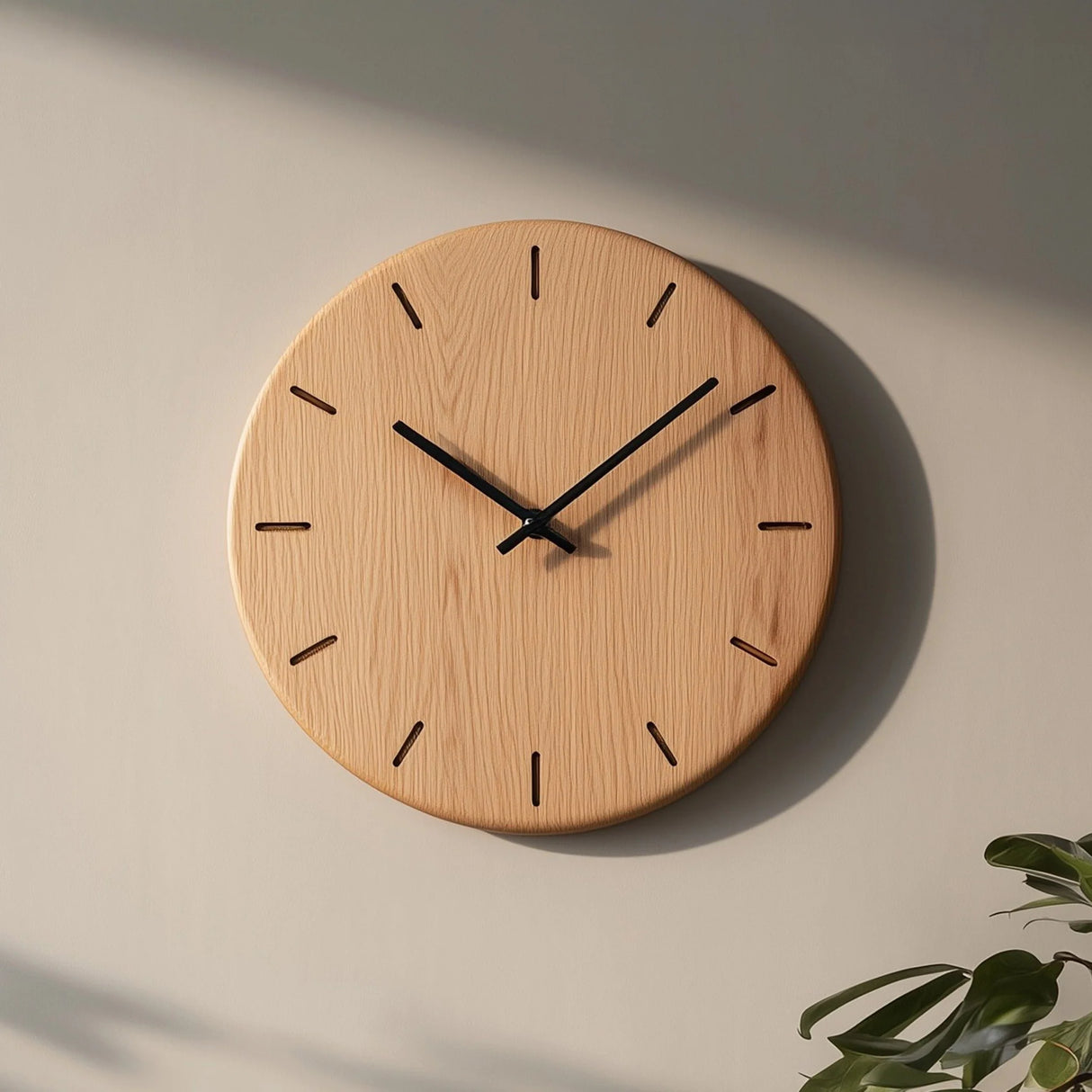 Minimal round wooden wall clock with linear hour marks