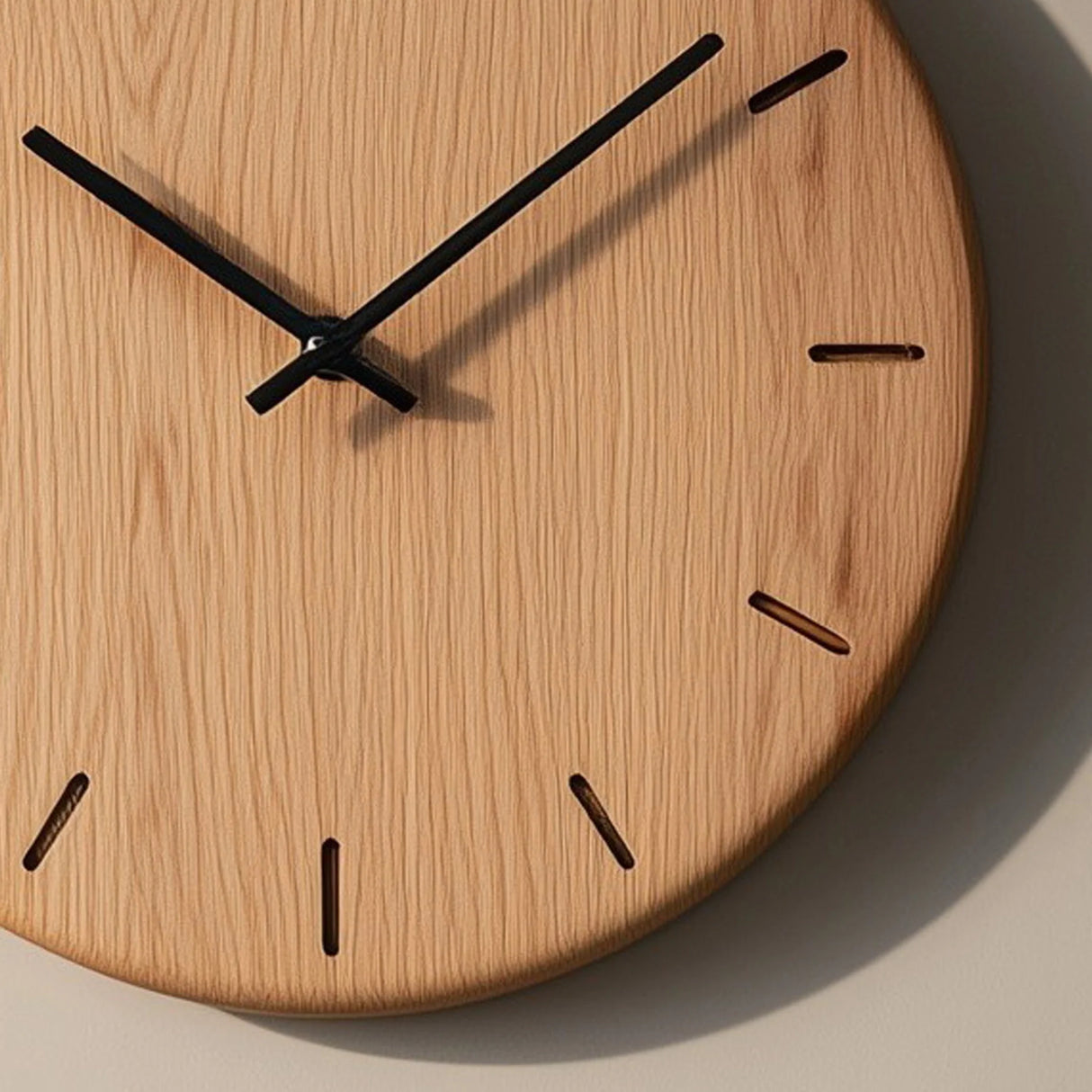 Minimal round wooden wall clock with linear hour marks close up showing dial and hands