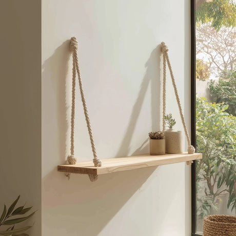 Minimal wooden hanging wall shelf with natural rope displaying decor near window