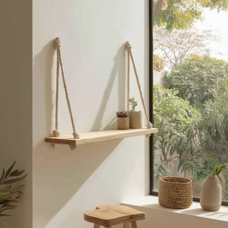 Minimal wooden hanging wall shelf with natural rope placed in bright corner setting