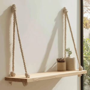 Minimal wooden hanging wall shelf with natural rope angled view highlighting rope detail