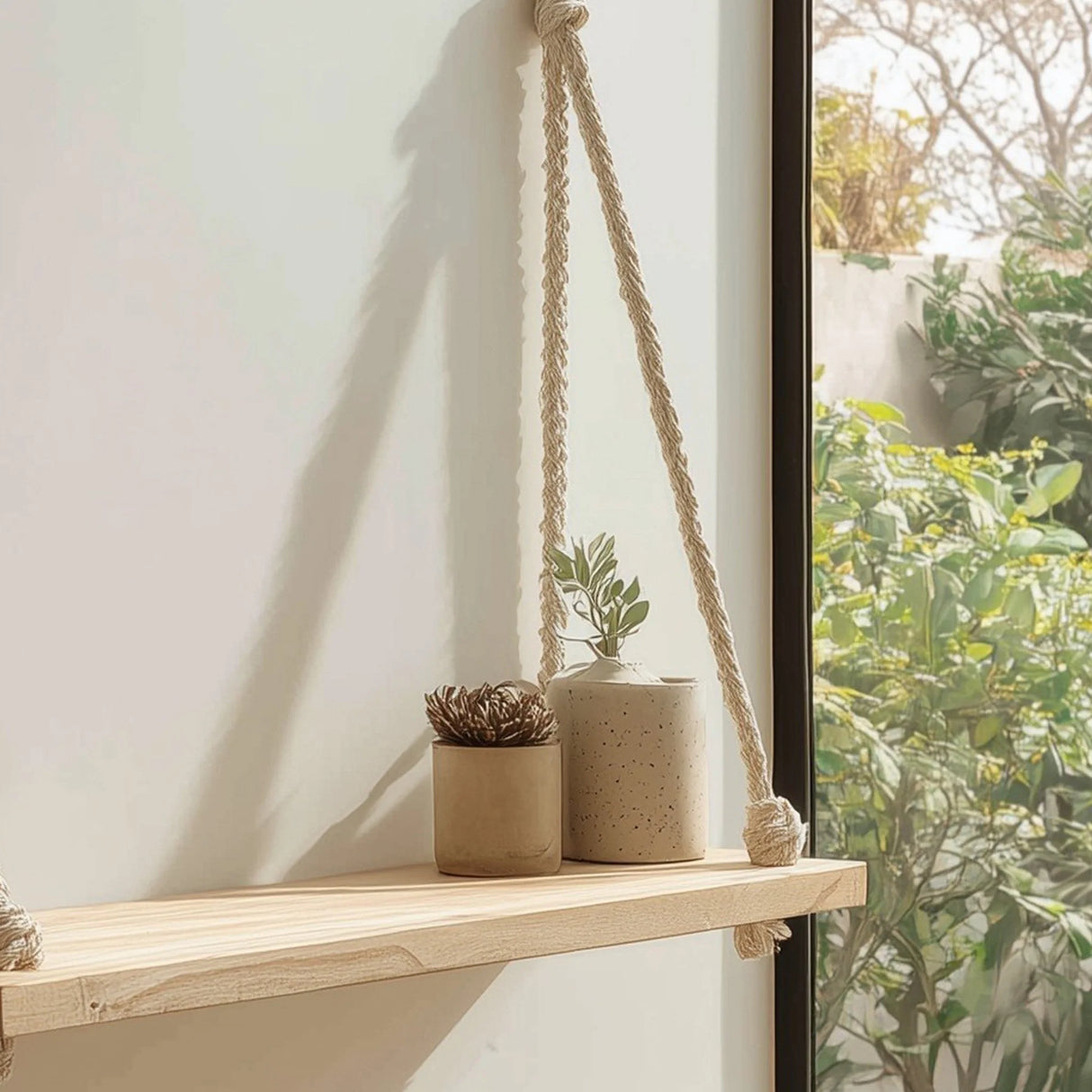 Minimal wooden hanging wall shelf with natural rope placed in bright corner setting