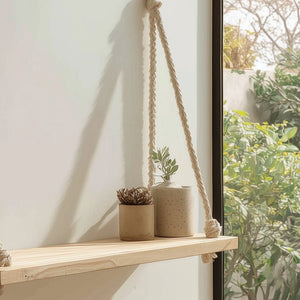 Minimal wooden hanging wall shelf with natural rope placed in bright corner setting