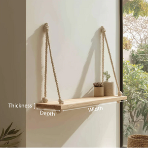 Minimal wooden hanging wall shelf with natural rope dimensions showing width depth and thickness