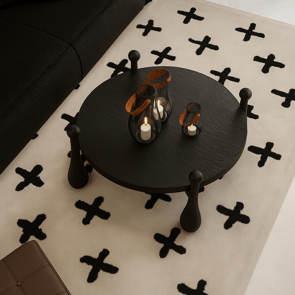 Modern round wooden coffee table with sculptural legs top view showing tabletop decor