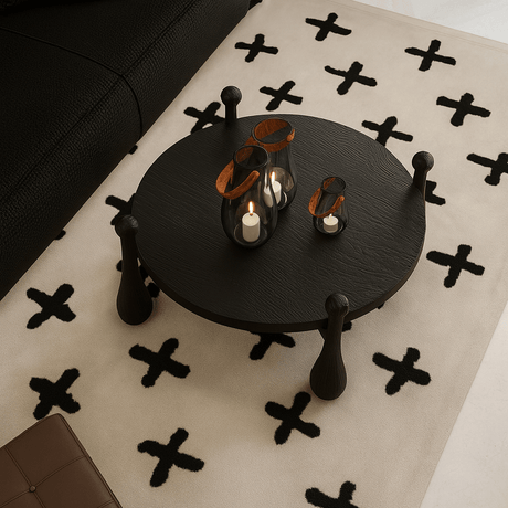 Modern round wooden coffee table with sculptural legs top view showing tabletop decor