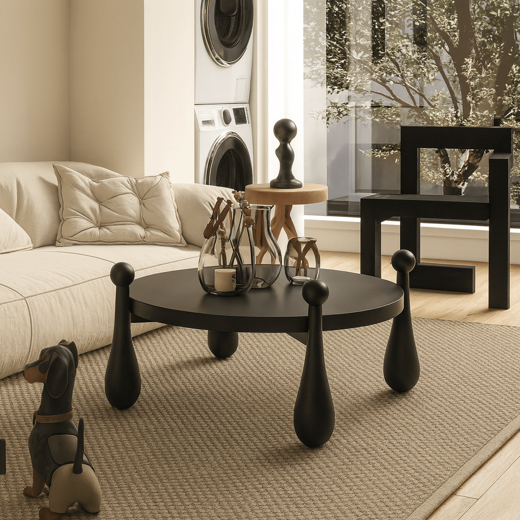 Modern round wooden coffee table with sculptural legs wide angle view with sofa