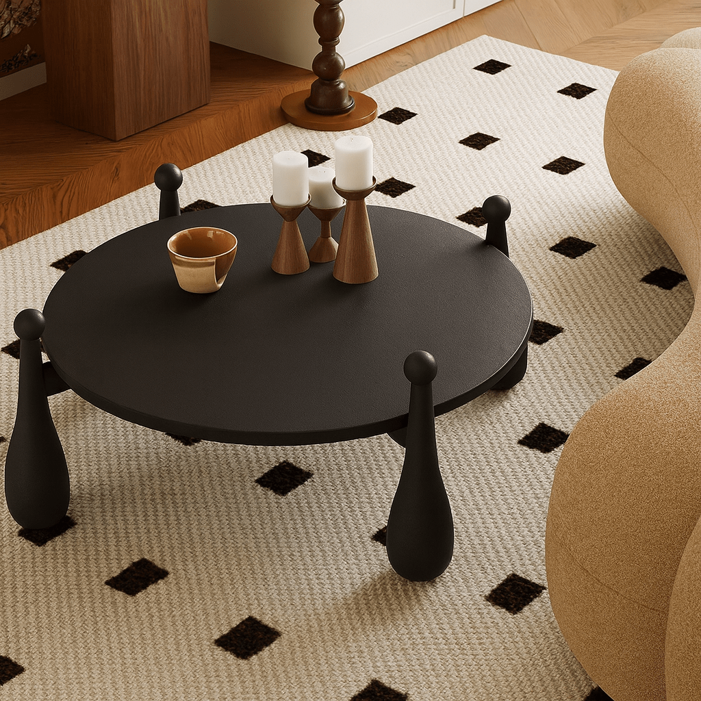 Modern round wooden coffee table with sculptural legs angled view highlighting base