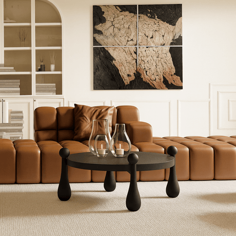 Modern round wooden coffee table with sculptural legs front view in living room