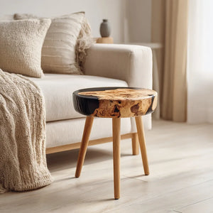 Modern round wooden resin coffee table with tripod legs