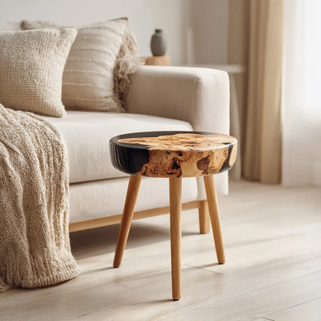 Modern round wooden resin coffee table with tripod legs