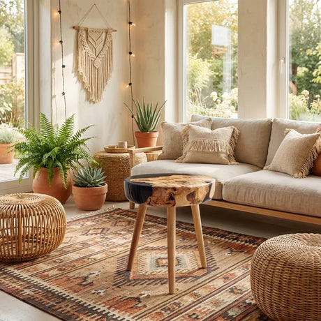 Round wooden resin coffee table placed beside sofa in bright minimalist living space