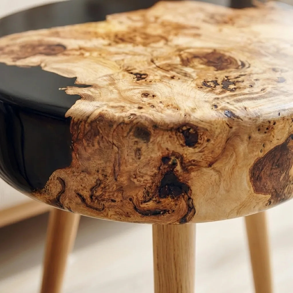 Detailed top surface of round wooden resin coffee table